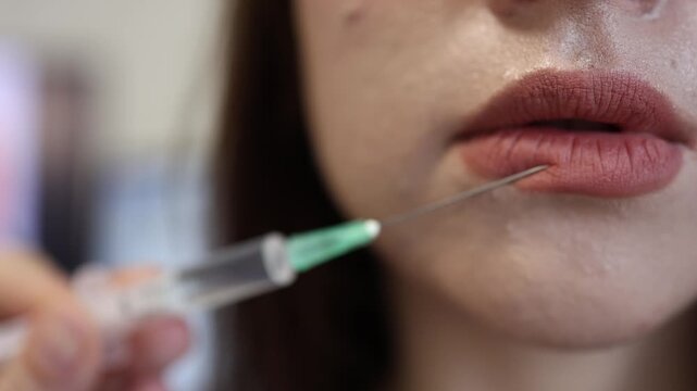 Young woman receives cosmetic lip augmentation injection during aesthetic beauty procedure while modern beauty standards and facial enhancement trends influence appearance expectations