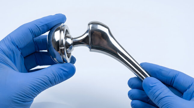Surgeon hand holding titanium hip joint replacement implant on white background