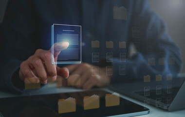 Digital file management interface on tablet person organizing online documents cloud storage workflow data access and secure business information systems. © Custard Pixel