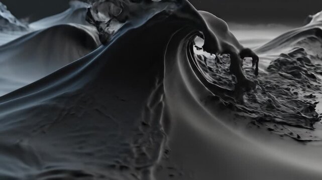 Dark moody waves crashing with water and sand particles in slow motion footage