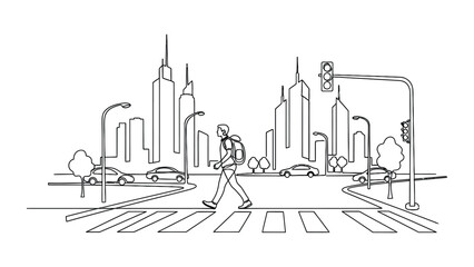 Obraz premium Continuous line drawing of a person walking across a city crosswalk.