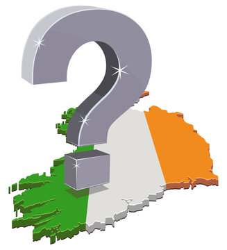 Isometric map of Ireland textured with the national flag under a large silver question mark, representing political crisis, economic doubts, and future challenges. (cut out)