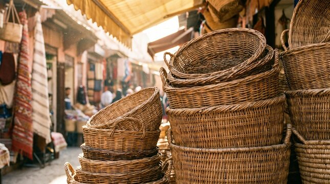 Rustic close up photograph of traditional hand woven Moroccan rattan baskets stacked beautifully in a sunlit market