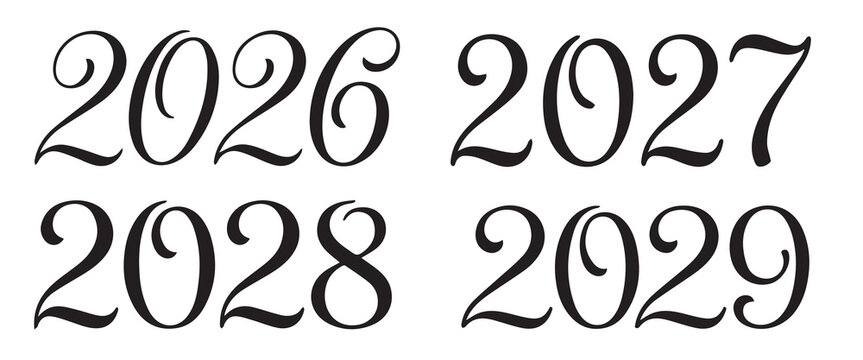Calligraphy numbers representing future years 2026 2027 2028 2029 with calendar anniversary celebration planning timeline calligraphy typeface contemporary