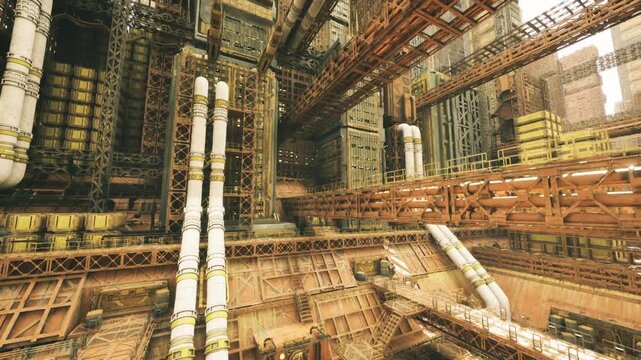 narrow industrial corridor of tangled pipes and platforms, inspection drone navigating valves, warm metal tones, layered scaffolding and worn texture conveying