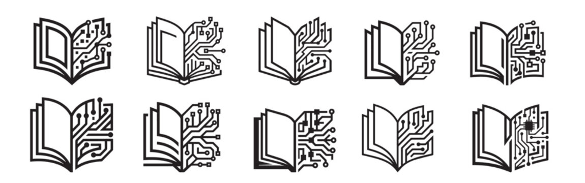 Abstract digital book icons illustrating the integration of technology and knowledge with black and white technology knowledge information learning education