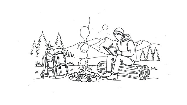 A line art illustration of a young man sitting on a log reading a book by a campfire.