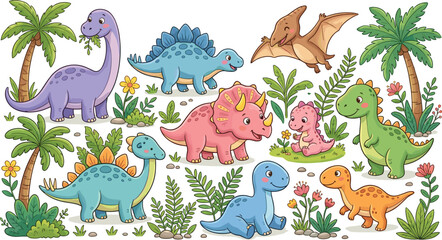 Cute Cartoon Dinosaur Clipart Vector Set Featuring Brachiosaurus Triceratops Stegosaurus Pterodactyl and Tyrannosaurus Rex with Palm Trees and Prehistoric Tropical Plants © Ismail