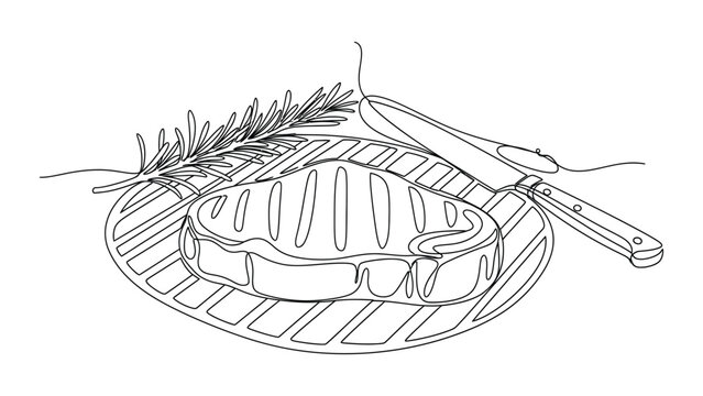 Continuous line drawing of grilled steak with rosemary and knife.
