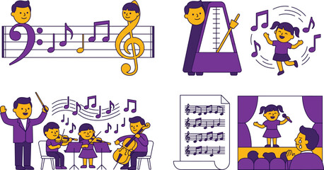 Obraz premium Joyful Illustrations of Children Engaged in Musical Activities, from Learning Instruments to Performing on Stage, Highlighting Music Education and Artistic Expression
