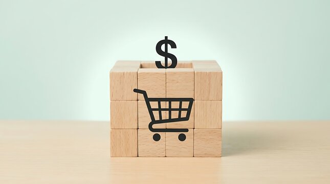 A shopping cart icon on wooden blocks with a dollar sign on top, symbolizing online shopping.