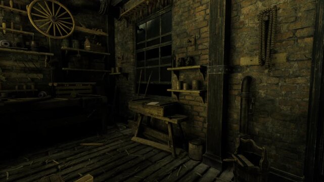 dim rustic carpenter workshop filled with worn workbench, stacked planks, vintage lathe and hand tools under warm low light dust motes and wood shavings cover