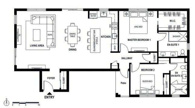 Modern two bedroom home floor plan with master suite and en suites