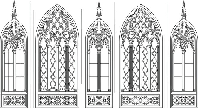 Gothic Window and Arch Vector Set Featuring Medieval Cathedral Architecture, Ornate Stone Tracery, Church Facades, and Historic Christian Religious Building Elements for Outline Graphic Designs