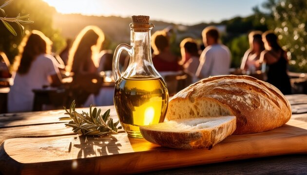 artisan bread with fresh olive oil at a lively outdoor gathering under sunlit skies
