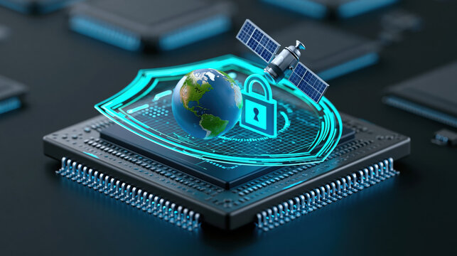 Digital security shield globe satellite lock concept protecting data on microchip, glowing cyber defense illustration