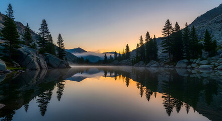Obraz premium Serene Lake at Sunset with Trees.