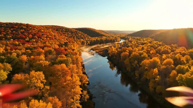 Aerial drone footage of a serene river winding through vibrant autumnal forest landscape with hills