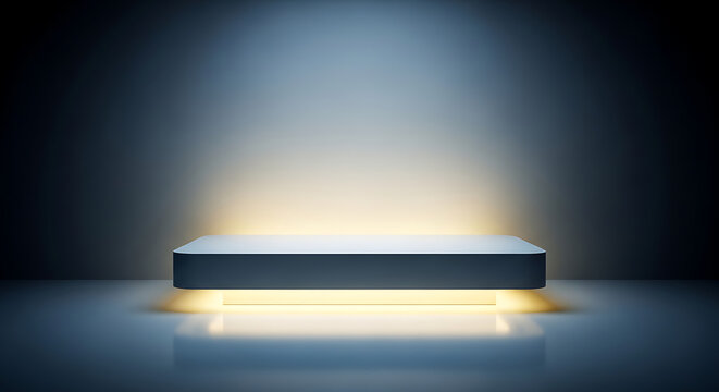 Minimalist illuminated display stand or podium floating in dark space with glowing base illuminated platform minimalist presentation showcase geometric floating luxurious furniture interior