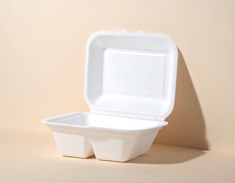 White styrofoam food container mockup on soft cream background for takeaway packaging, food delivery and restaurant branding concept