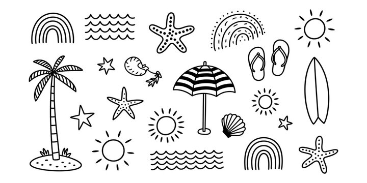 Set of cute hand drawn summer beach icons including palm tree umbrella sun surfboard and starfish for tropical vacation and holiday travel design Vector, illustration