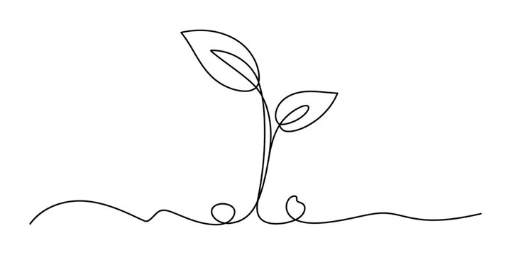 Continuous single line drawing of a small green plant sprout growing from the earth representing nature growth and eco friendly sustainable life Vector, illustration