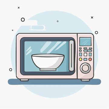 Illustration of a pink microwave oven with a bowl inside