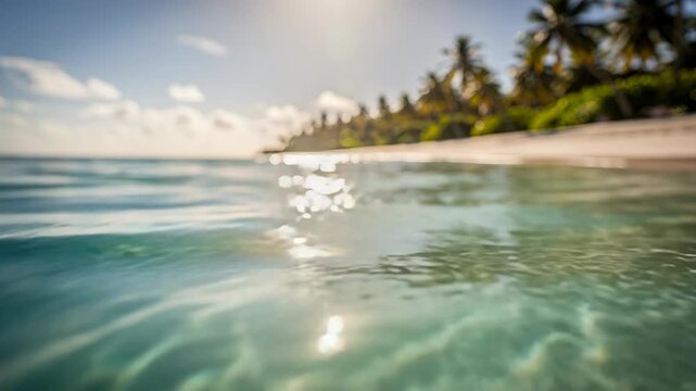 Tropical beach shoreline with crystal clear ocean water and palm trees under bright sunlight creating relaxing summer vacation atmosphere with exotic island scenery and tranquil coastal landscape