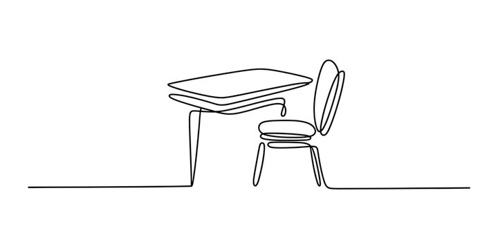 Continuous single line drawing of a simple school desk and chair furniture set for classroom study or office work minimalist style vector art Vector, illustration