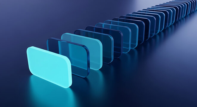 Row of glass dominoes falling in a chain reaction with dominoes reaction abstract succession sequencing transparent momentum leadership consequence conceptual