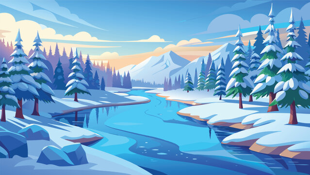 Beautiful winter landscape with a frozen river flowing through a snowy pine tree forest at sunset Vector