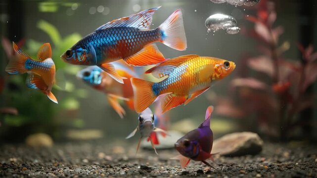 Vibrant tropical aquarium filled with exotic fish lush aquatic plants and natural underwater scenery creating peaceful freshwater ecosystem atmosphere for pet care marine biology and aquatic lifestyle
