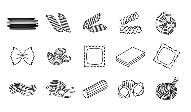 Pasta Noodles Linear Vector Icon Set with Italian Macaroni Outline Food Symbols