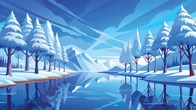 Beautiful winter landscape with snowy pine trees and a calm river reflection Vector