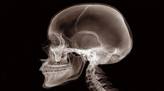 X-ray showing a human skull and neck from the side, illustrating the structure and bones in detail, with emphasis on the jaw and cervical vertebrae