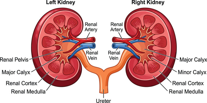 Human kidney anatomy diagram cross section showing internal parts renal artery vein pelvis cortex medulla and ureter medical vector