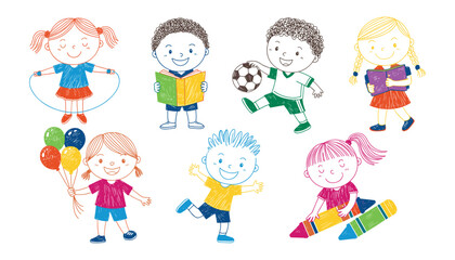 Fototapeta premium Diverse children engaging in playful activities hand drawn style illustration