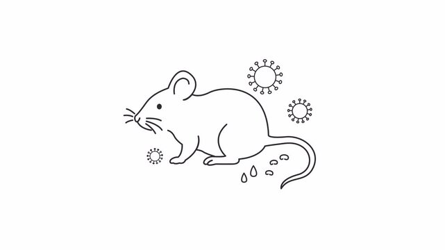 An illustration of a mouse with virus particles above it; in front of it are tiny symbols of feces and urine around its tail, symbolizing the spread of the disease&mdash;hantavirus&mdash;or laboratory research