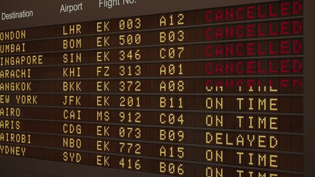 Departures board LED tracking Middle East flights canceled in an updating animation over a dark terminal. Aviation fuel crisis, travel disruptions, regional conflict news, travel disruption reports.