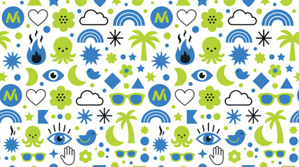 Retro groovy hippie seamless pattern featuring vintage 70s elements like rainbows octopuses palm trees clouds fire and geometric shape vector illustrations, © MdRezaul