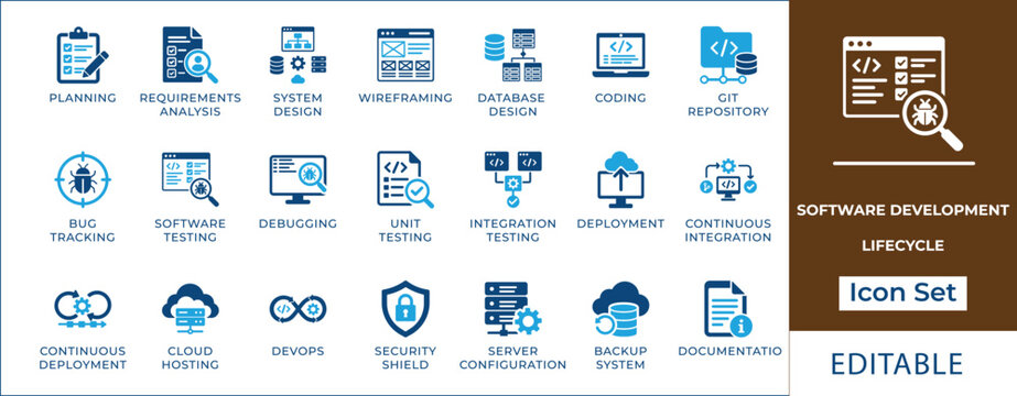 Software development lifecycle icon set featuring programming code, devops loop, bug testing, cloud deployment, database architecture, agile workflow, and cyber security symbols.