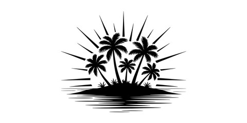 Black silhouette of palm trees on a tropical island with sunset sun rays in a flat vector design for summer vacation and beach travel themes Vector, illustration © RK Drawing Gallery