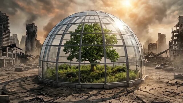 Glass dome protecting a green tree in ruined city landscape creating a powerful environmental survival concept climate crisis, nature preservation, hope, sustainability and fragile life after disaster