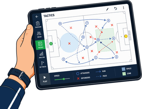 Hand holding a tablet displaying a soccer strategy diagram with complex player movement lines and tactical formations for game planning
