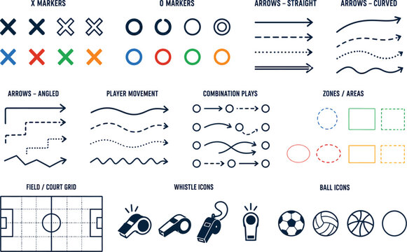 Sports tactical coaching board icons featuring arrows movement markers field grid and various game equipment for professional team play analysis