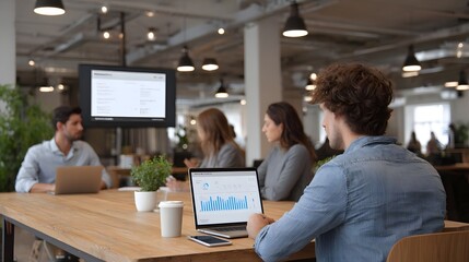 Fototapeta premium Two professionals collaborate on digital tasks in a bright modern minimalist office workspace