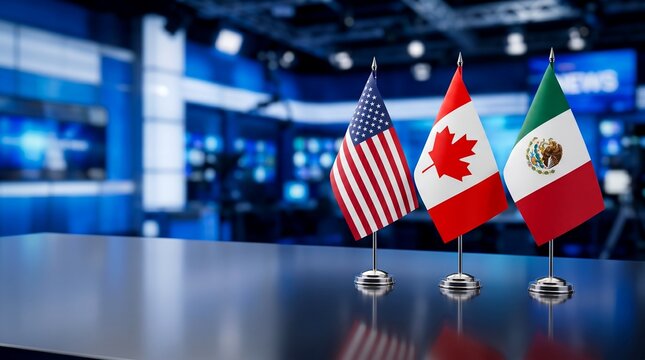Flags of usa canada and mexico on a desk in a news studio united states north america broadcast politics government international relations diplomacy