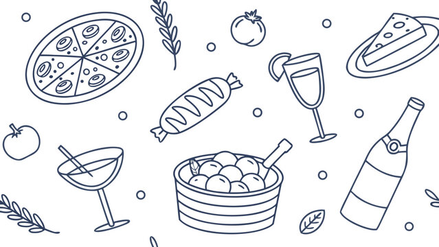 Elegant Hand Drawn Restaurant Dining Monoline Seamless Vector Pattern