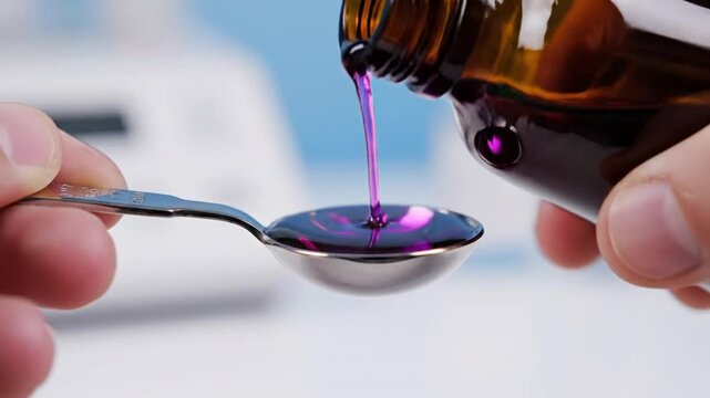 Purple liquid poured into spoon close up healthcare pharmacy concept