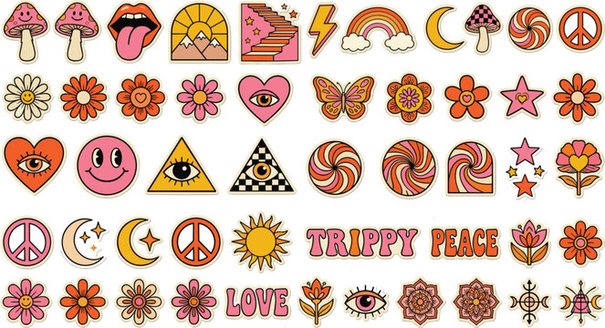 Retro Trippy Boho Sticker Sheet with Mushroom Lips Mountain Rainbow Peace Sign Flower Butterfly Evil Eye Pyramid Swirl Mandala Moon and Trippy Peace Love Typography Collection
